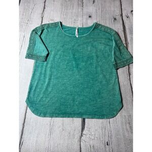 Lea & Nicole Teal Acid Wash Lace Sleeve Tunic Top‎ Women's